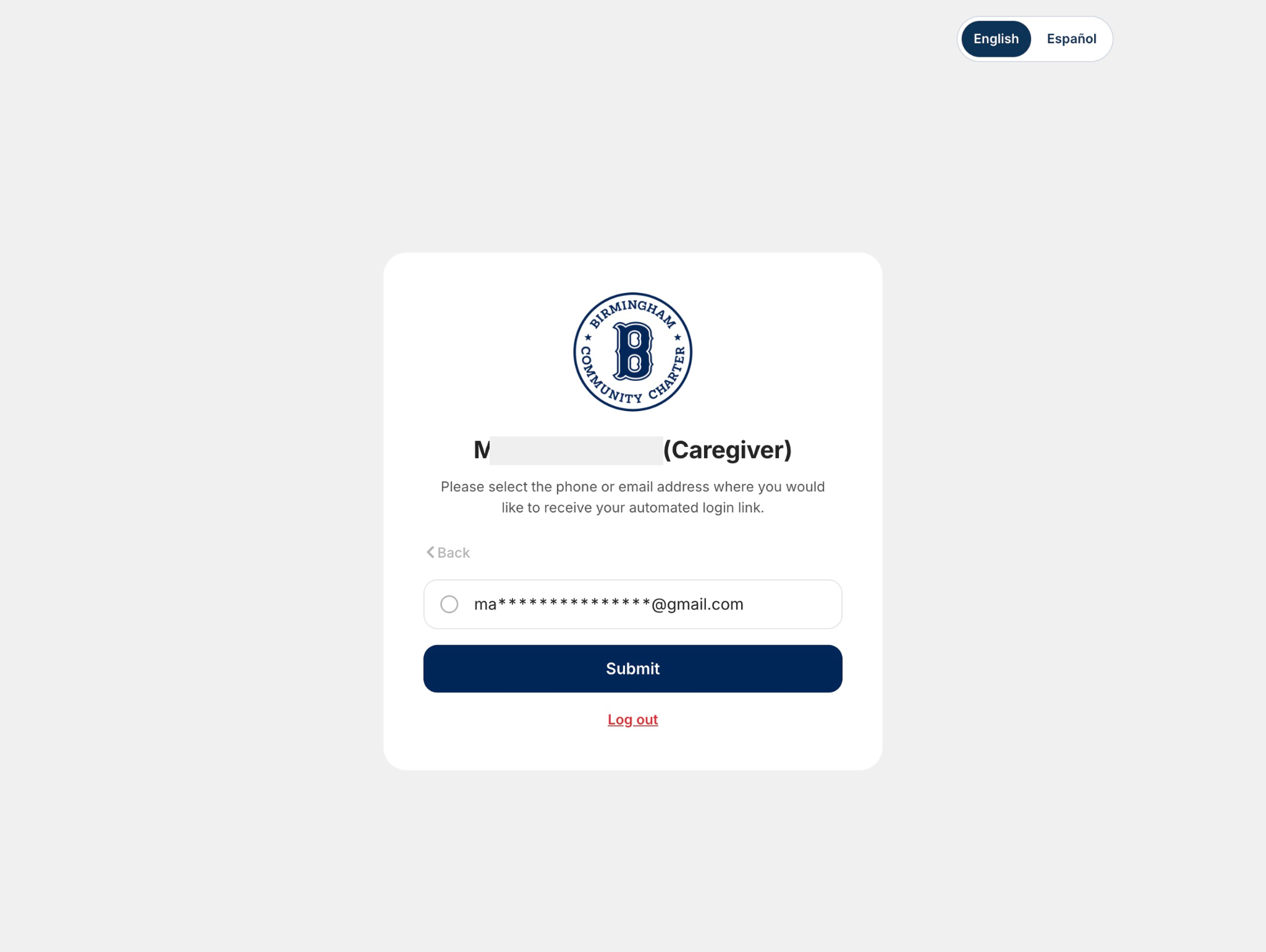 Automated login link selection screen with masked phone and email options