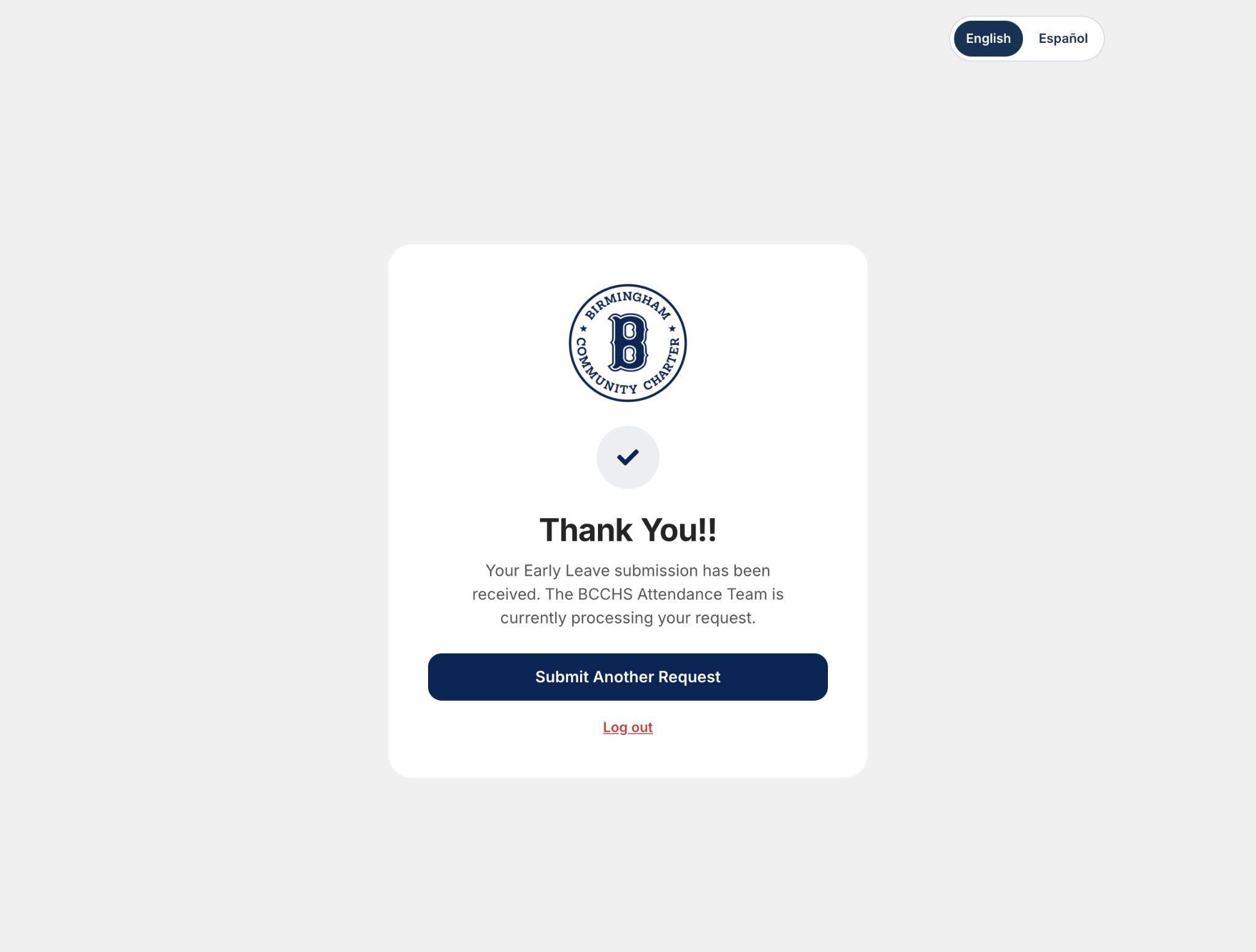 Early Leave submission confirmation screen