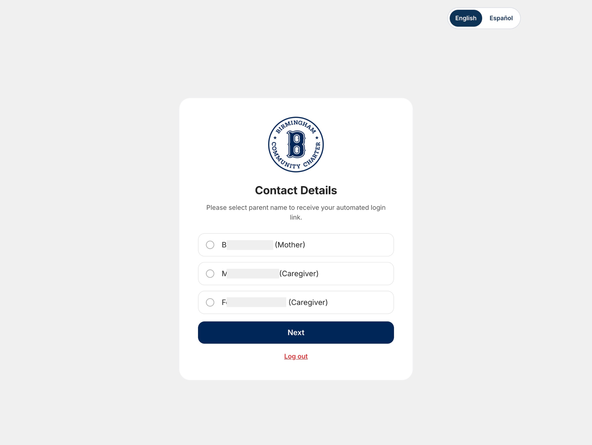 Contact details selection screen listing available contacts