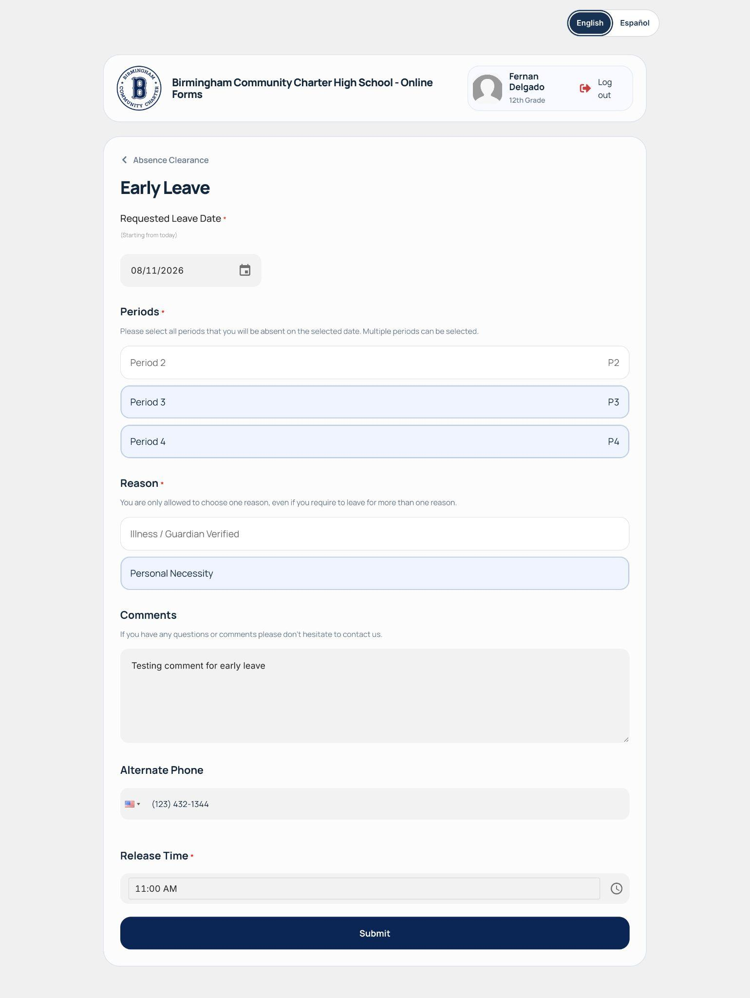 Early Leave form with date picker, periods, reason, and release time