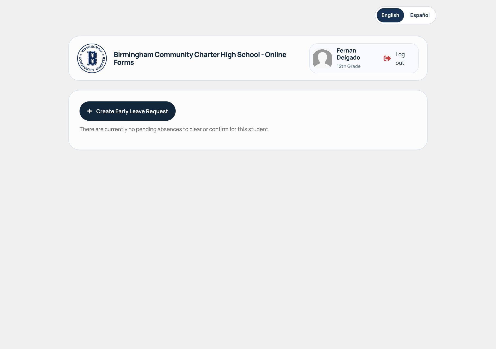 Student profile showing school logo, student name, grade, log out and early leave request buttons