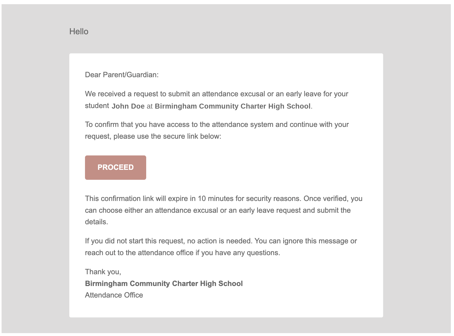 Email from the MACS system with a PROCEED button for an attendance request