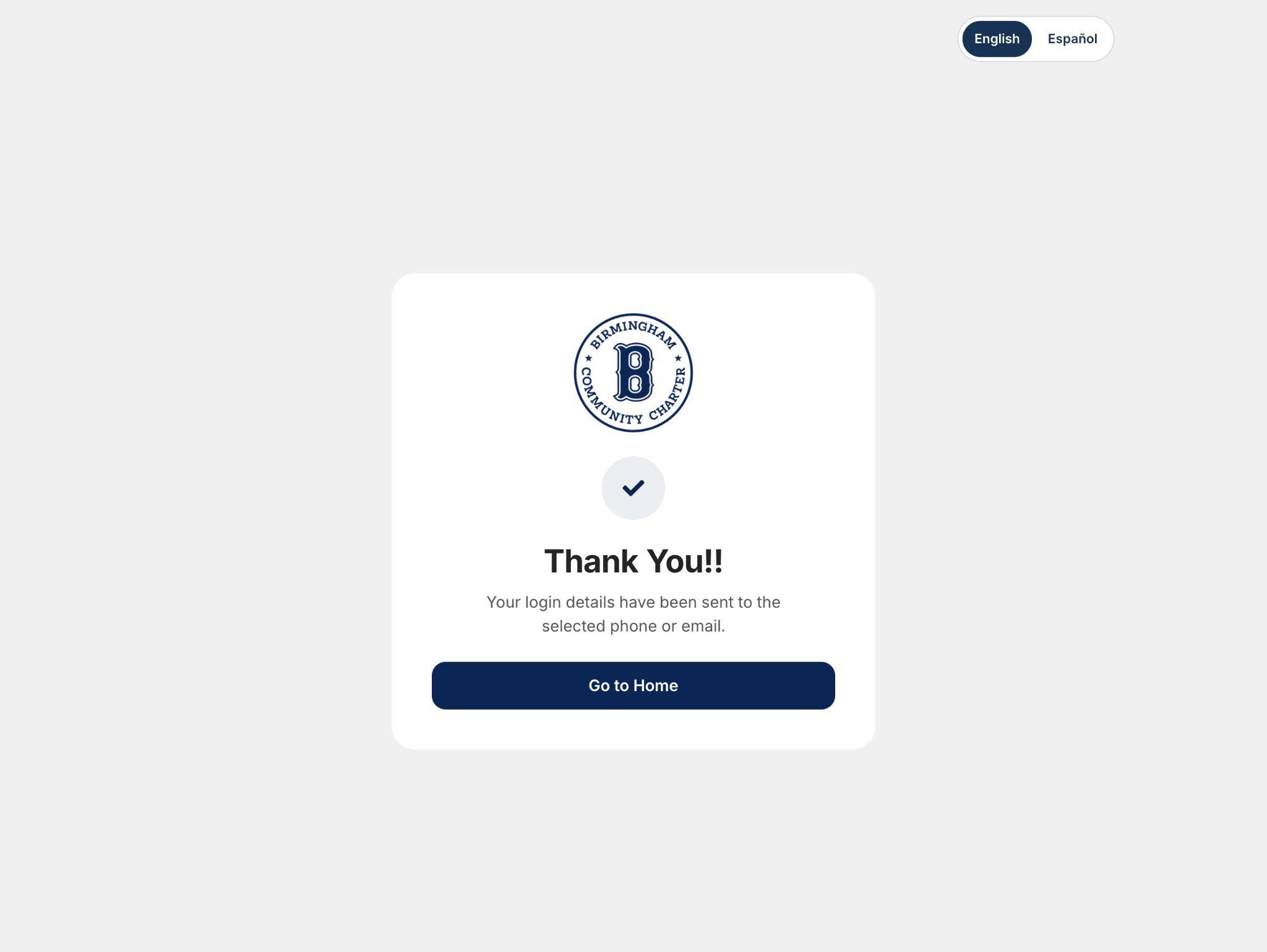Thank you screen confirming login details were sent